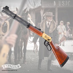 Walther Lever Action Wells Fargo CO2 Gewehr im Kaliber 4,5 mm. Das Luftgewehr mit CO2-Antrieb hat ein 8 Schuss Trommelmagzin für Diabolos.