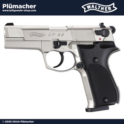 Walther CP88 vernickelt Walther CP88 Nickel CO2 Pistole für Diabolos im Kaliber 4,5 mm. Diese vernickelte CP88 Ausführung hat ein 8 Schuss Trommelmagazin, die Geschosse werden mittels einer 12g CO2 Kapsel angetrieben
