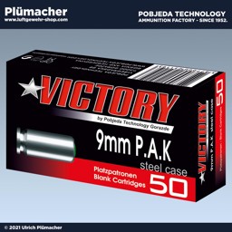 Platzpatronen Victory 9 mm P.A.K für Schreckschusspistolen und Gaspistolen Platzpatronen Victory 9 mm P.A.K für Schreckschusspistolen und Gaspistolen mit Magazin. Extrem laute Knallpatronen.