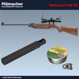 Weihrauch HW 35 mit Zielfernrohr, Schalldämpfer und Munition Weihrauch HW 35 mit Zielfernrohr, Schalldämpfer und Munition. Ein Luftgewehr im Kaliber 4,5 mm Diabolo