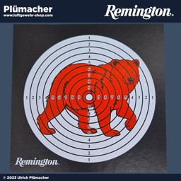 Remington Zielscheiben Motiv Bär 14 x 14 cm – 50 Stück Remington Zielscheiben mit rotem Bärenmotiv und 10er-Ring-Einteilung im Format 14 x 14 cm. 50 Stück für Luftgewehr und Luftpistole.