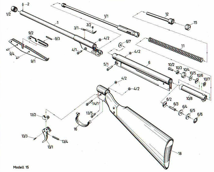 Diana 15 Luftgewehr reparieren - Ersatzteile, Explosionszeichnung und Bauplan