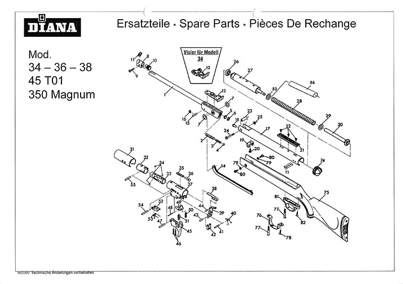 Luftgewehr Diana 34 - 36 -38 - 350 - 45T01 Ersatzteile, Bauplan und Explosionszeichnung