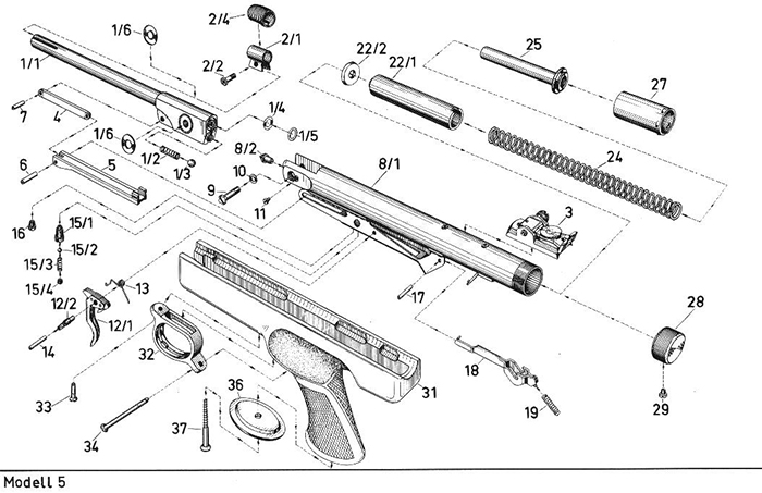 Luftpistole Diana 5 Ersatzteile und Explosionszeichnung