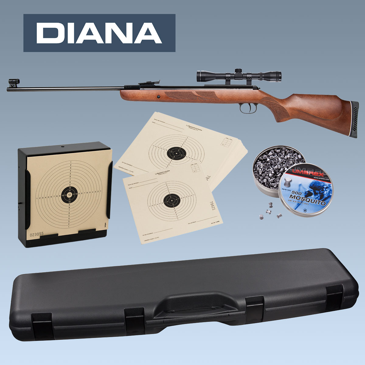 Diana 34 Premium Luftgewehr mit Zielfernrohr, Munition, Gewehrkoffer  und Kugelfang mit Zielscheiben