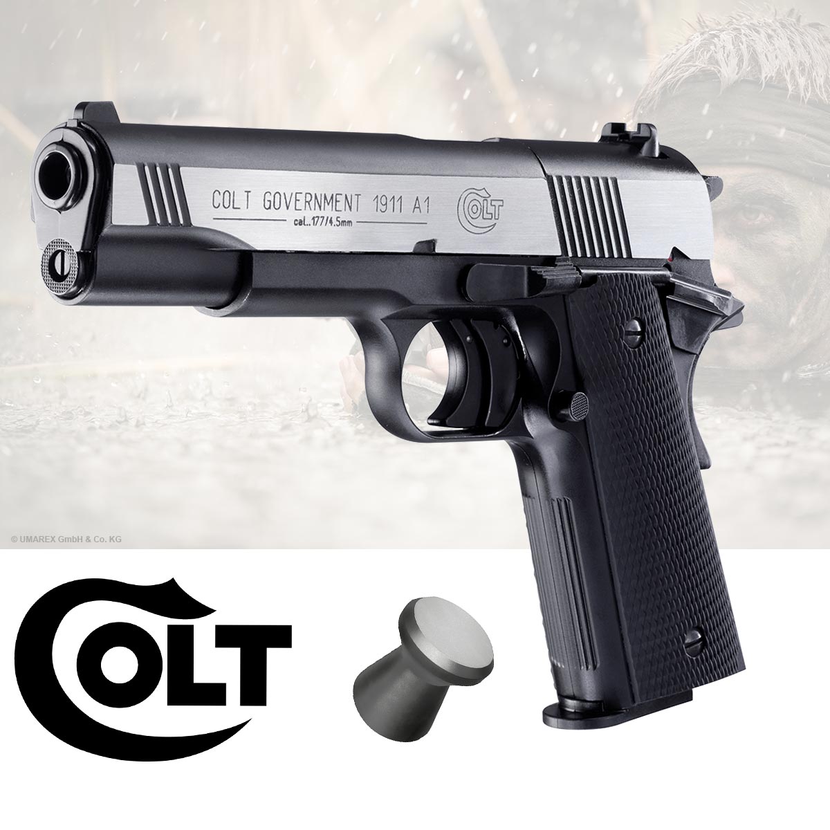 Colt Government 1911 A1 CO2 Pistole Kaliber 4,5 mm Diabolo mit einem 8 Schuss Trommelmagazin