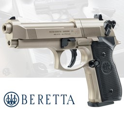 Beretta 92 FS CO2 Pistole 4,5 mm Diabolo mit einem 8 Schuss Trommelmagazin. Die Kugeln werden mit Hilfe einer 12g CO2-Kapsel beschleunigt.