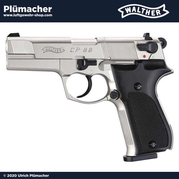 Walther CP88 Nickel CO2 Pistole für Diabolos im Kaliber 4,5 mm. Diese vernickelte CP88 Ausführung hat ein 8 Schuss Trommelmagazin, die Geschosse werden mittels einer 12g CO2 Kapsel angetrieben