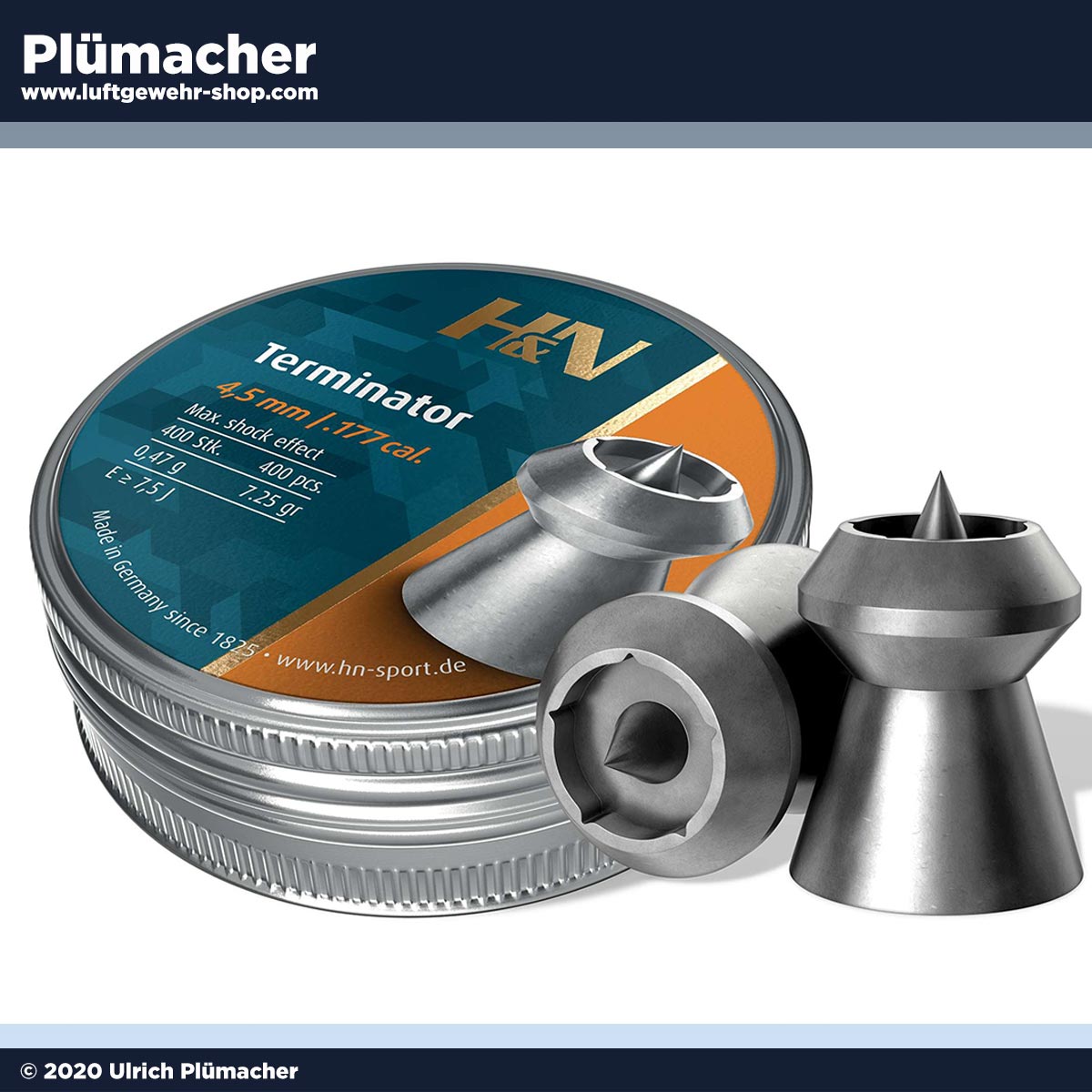 H&N Terminator 4,5 mm Luftgewehr Munition. Mittelschwere, präzise Jagdkugel für mittlere Distanzen. Hohe Durchschlagskraft mit ausgezeichneter Expansion und hoher Eindringtiefe. Kontrollierte Deformation. Glatt mit Kegelspitze