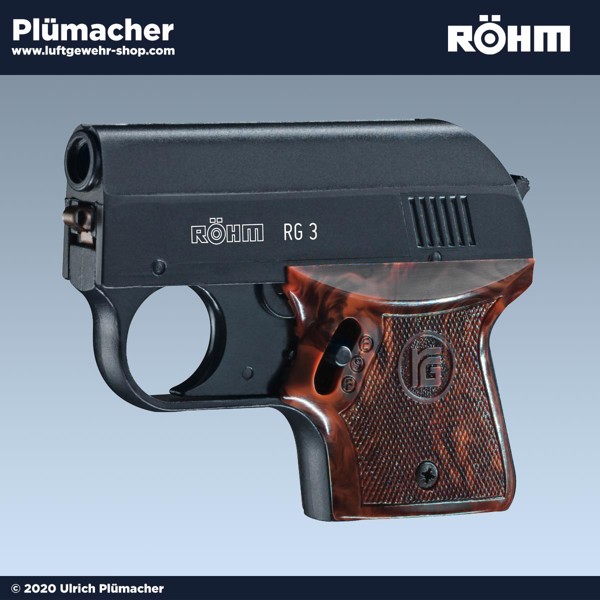 Röhm RG 3 Schreckschusspistole im Kaliber 6 mm, auch Flobert genannt. Die RG3 hat ein Stangenmagazin das mit 6 Platzpatronen bestückt werden kann. Ferner gehören ein Waffenkoffer und ein Abschussbecher für pyrotechnische Munition zum Lieferumfang.