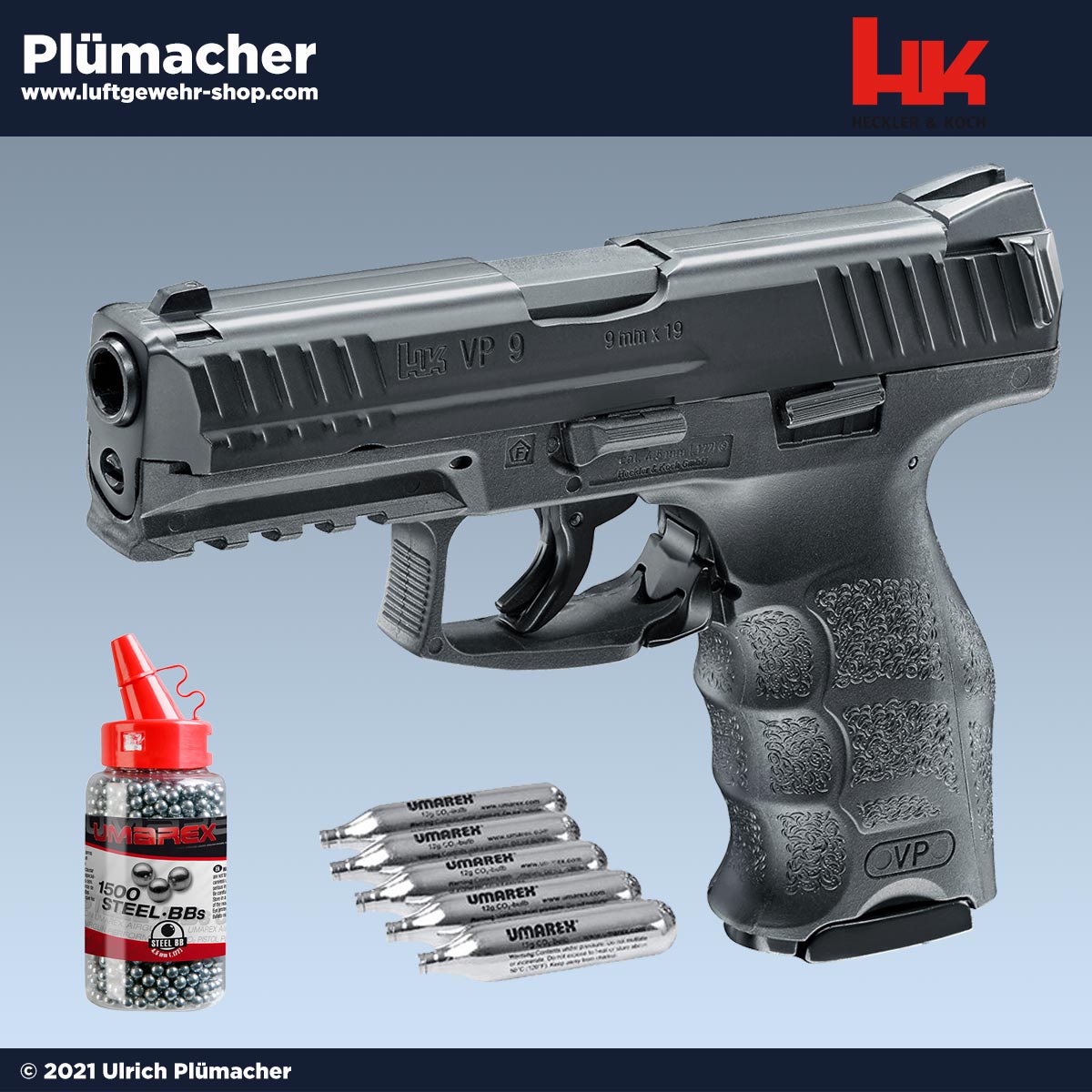 Heckler & Koch VP9 CO2 Pistole Kaliber 4,5 mm BB mit Blowback, 1500 Stahlrundkugeln und 5 CO2 Kapseln