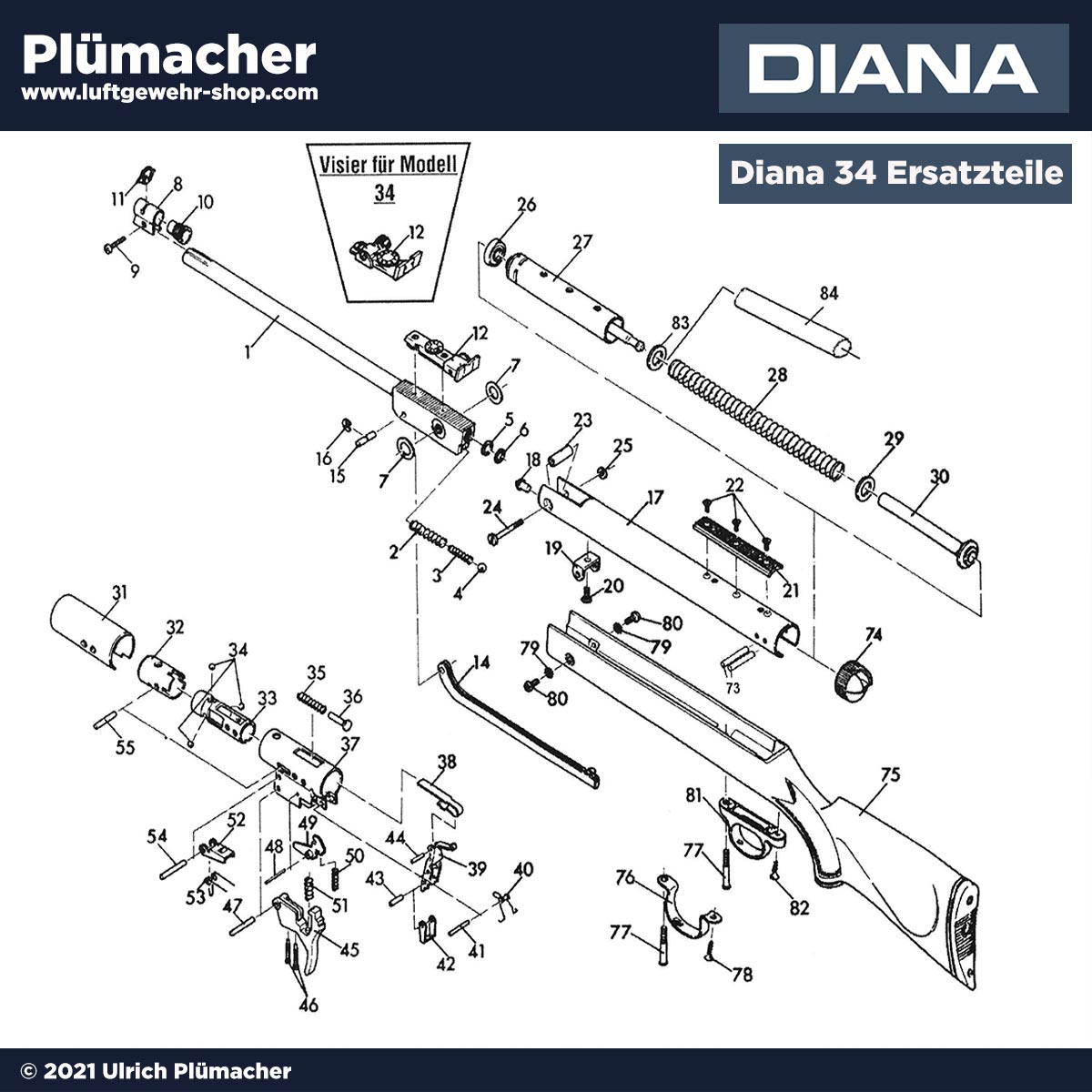 Diana 34 Ersatzteile - Bauplan, Explosionszeichnung und Ersatzteile  für das Luftgewehr Diana 34
