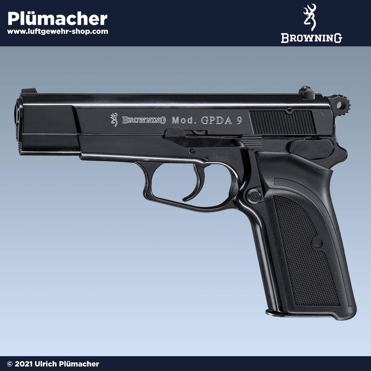 Browning GPDA 9 schwarz Schreckschusswaffe - Gaspistole im Kaliber 9 mm PAK  mit einem 9 Schuss Magazin. Luftgewehr-Shop - Luftgewehre,  Schreckschusswaffen, CO2 Waffen, Luftpistolen kaufen