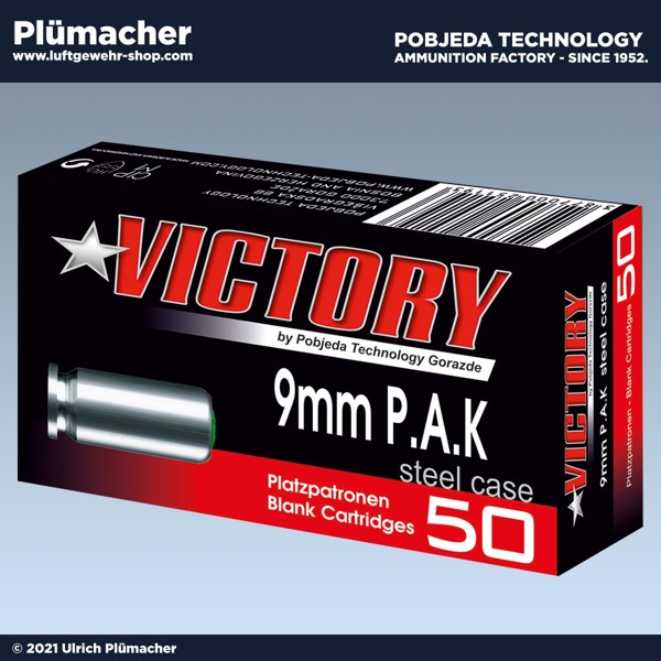 Platzpatronen Victory 9 mm P.A.K für Schreckschusspistolen und Gaspistolen mit Magazin. Extrem laute Knallpatronen.