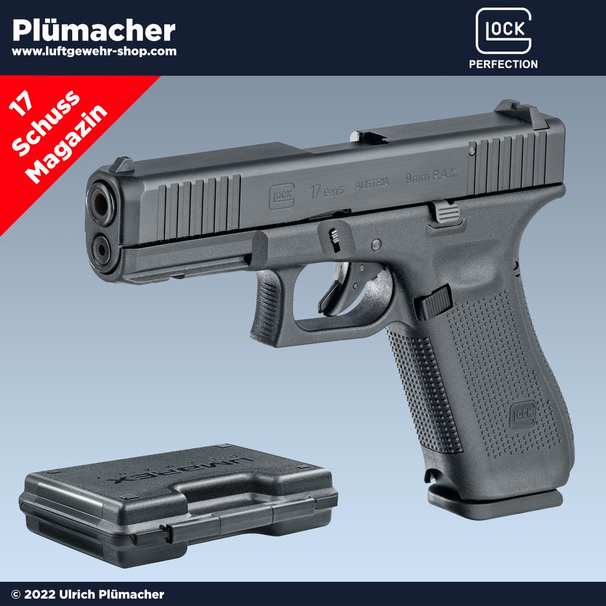 Glock 17 Gen5 Schreckschuss Pistole mit einem 17 Schuss Magazin im Kaliber 9 mm P.A.K