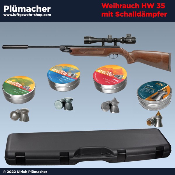 Weihrauch HW 35 SD mit Schalldämpfer, Zielfernrohr 3-9x40 beleuchtet, Gewehrkoffer und Luftgewehr-Munition