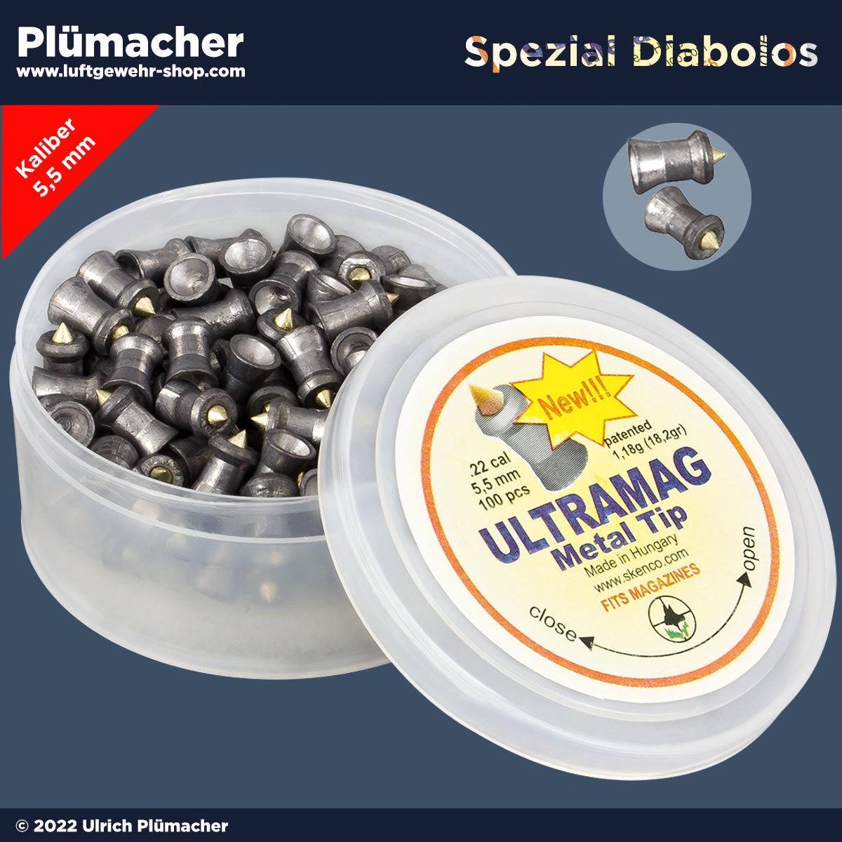 Ultramag 5,5 mm Metal Tip Diabolo - Spezialgeschoss für starke Luftgewehre im Kaliber .22. Holspitze mit eingesetzter Metallspitze