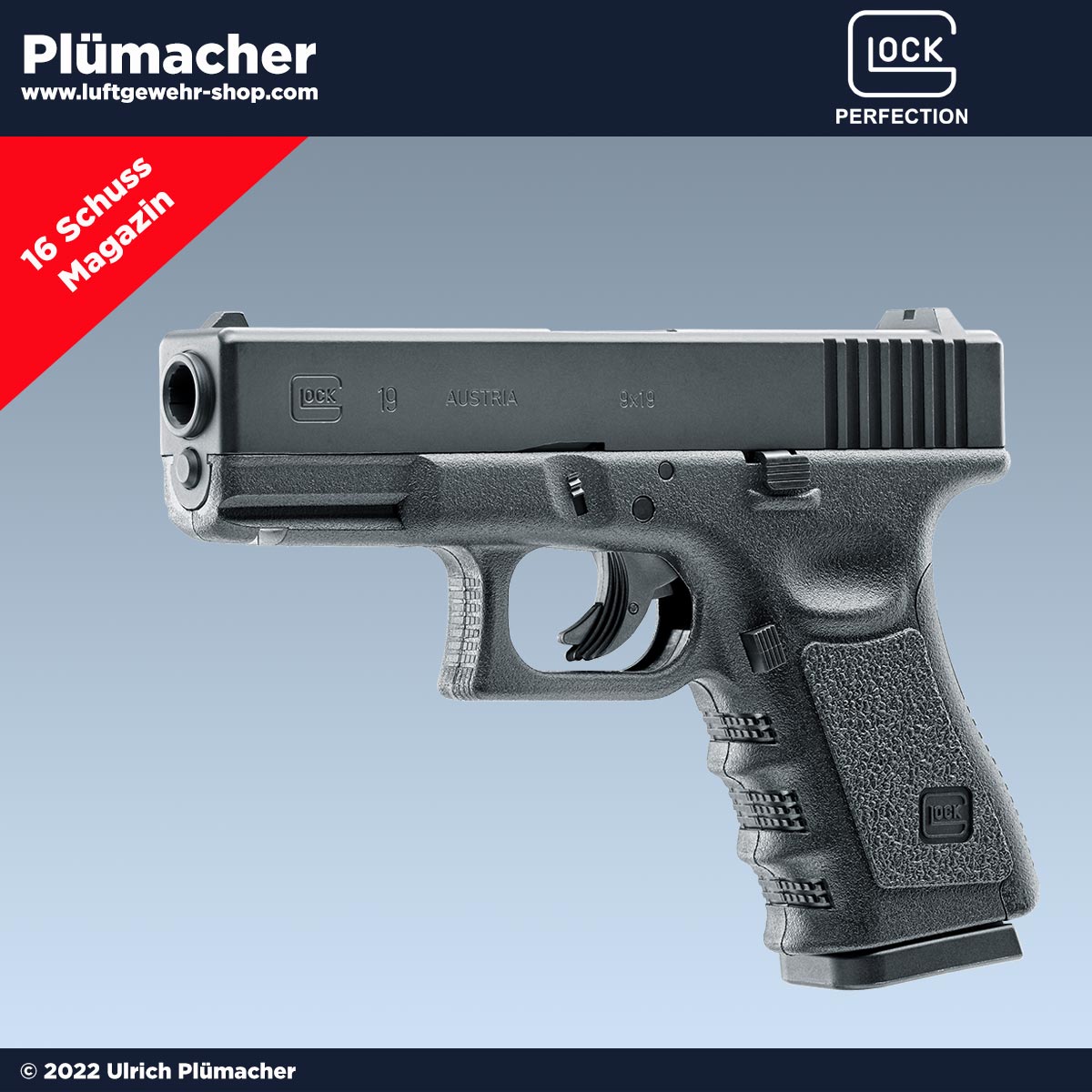 Glock 19 CO2 Pistole im Kaliber 4,5 mm BB. Die GLOCK 19 hat ein 16 Schuss Magazin