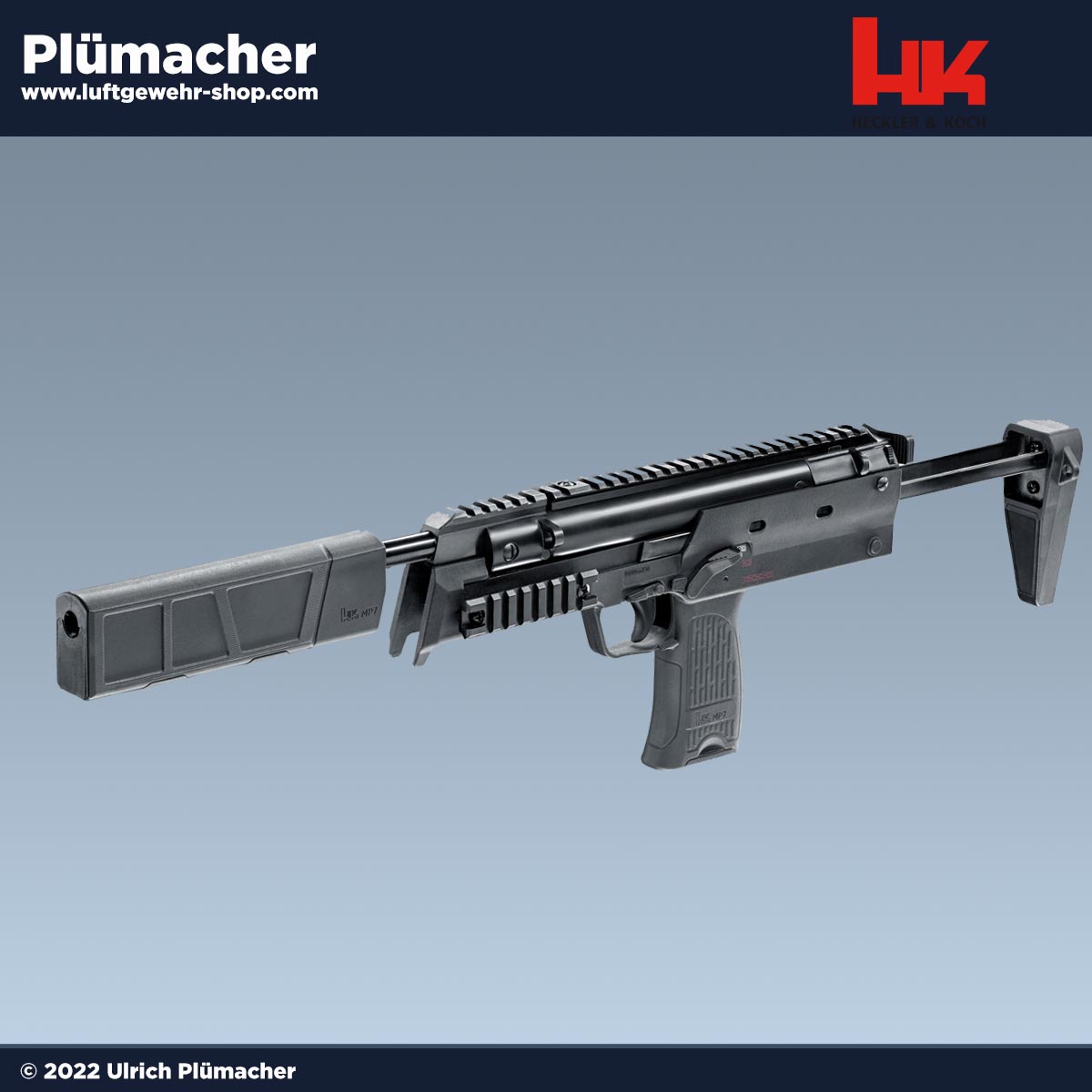 Heckler & Koch MP7 SD - Stilecht bietet die MP7 über Picatinny-Schienen zahllose Montagemöglichkeiten für Optiken und weiteres Zubehör.