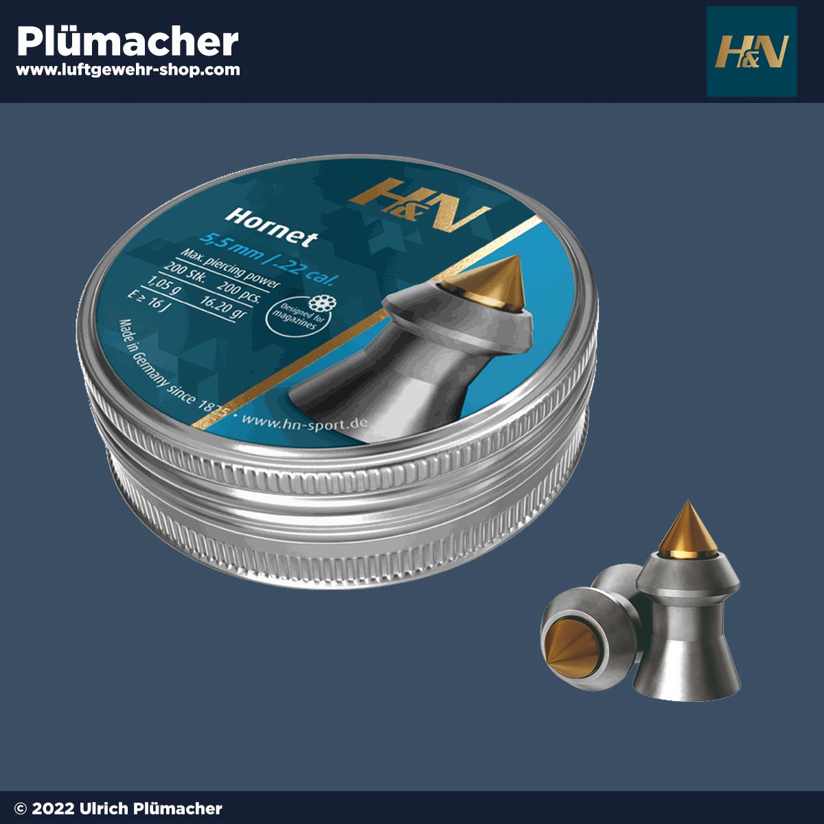 H&N Hornet 5,5 mm Mittelschwere, präzise Jagdkugel für mittlere Distanzen. Hohe Durchschlagskraft und verbesserte Aerodynamic durch Metallspitze