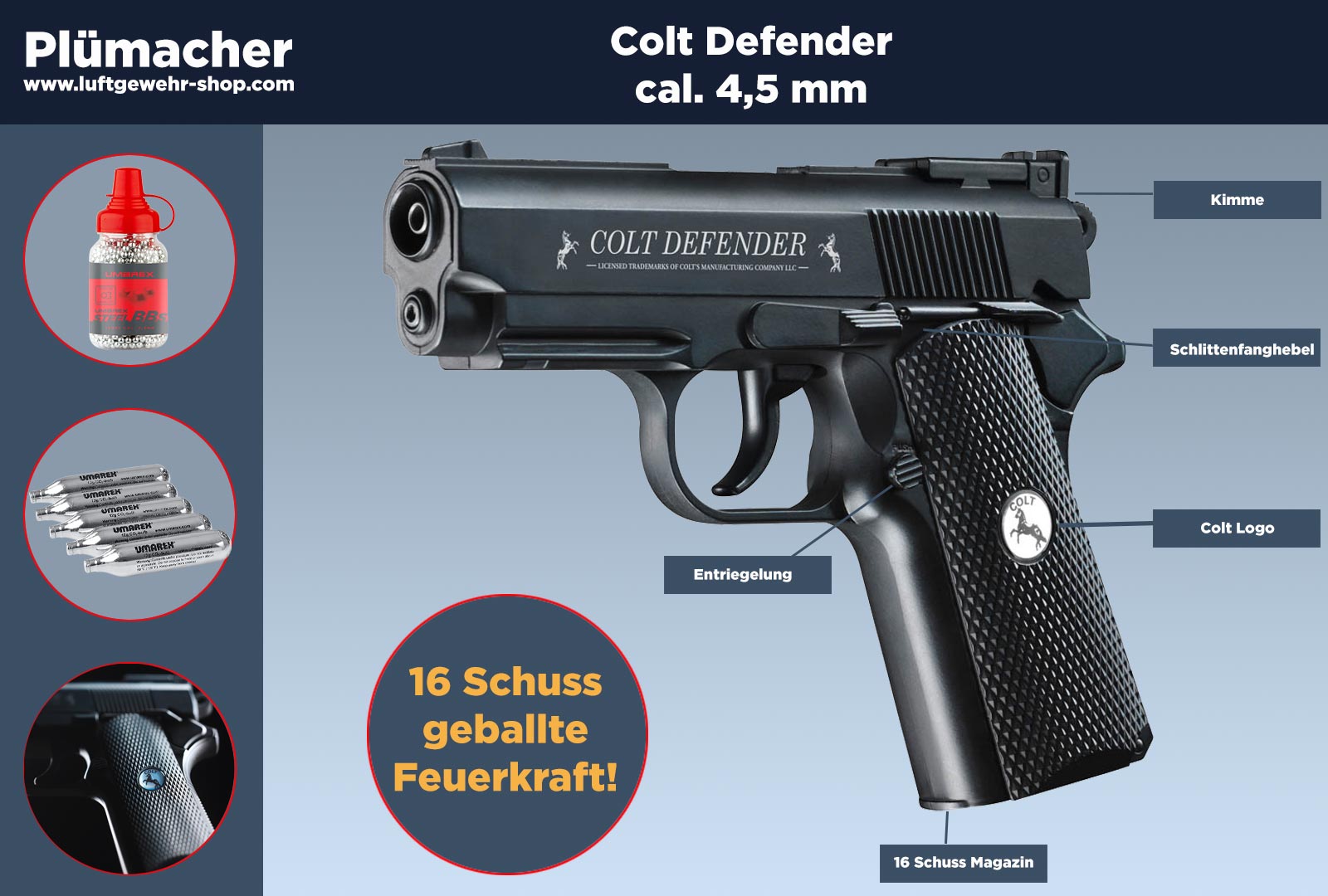 Colt Defender Komplettset CO2-Pistole im Kaliber 4,5 mm mit einem 16 Schuss  Magazin. Luftgewehr-Shop - Luftgewehre, Schreckschusswaffen, CO2 Waffen,  Luftpistolen kaufen