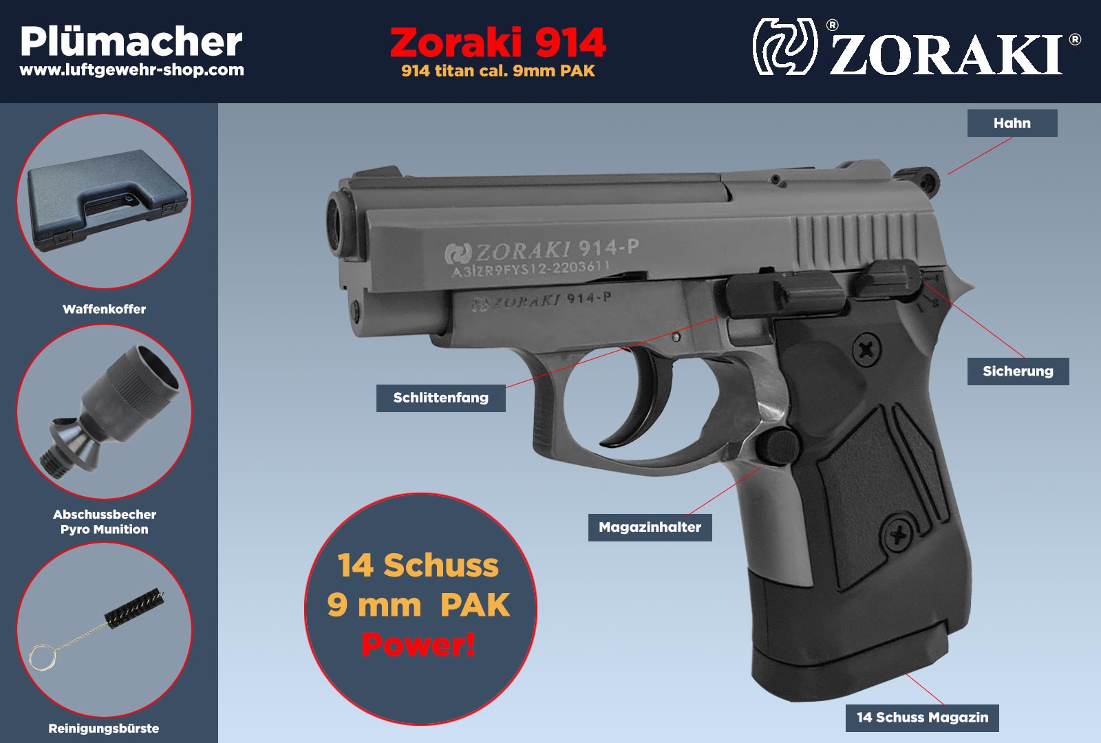 Zoraki 914 Titan, Schreckschuss, Gas-Signal Pistole 9mm P.A.K.