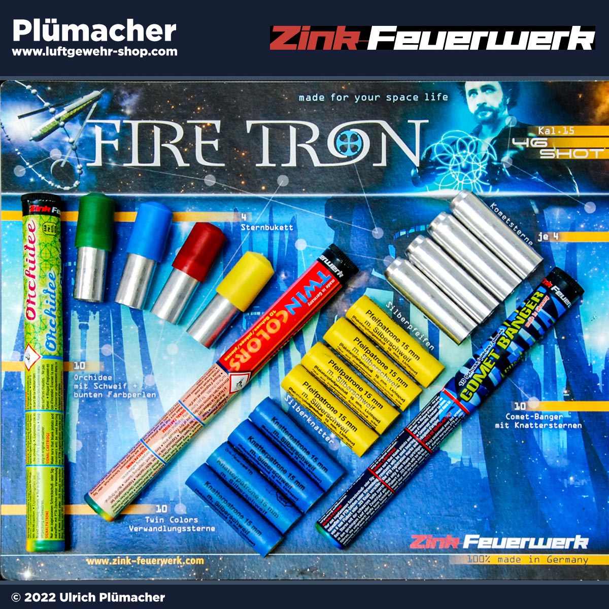 Zink Feuerwerk Set  für Schreckschusswaffen - 46 Feuerwerkgeschosse Kal. 15 mm Signalmunition