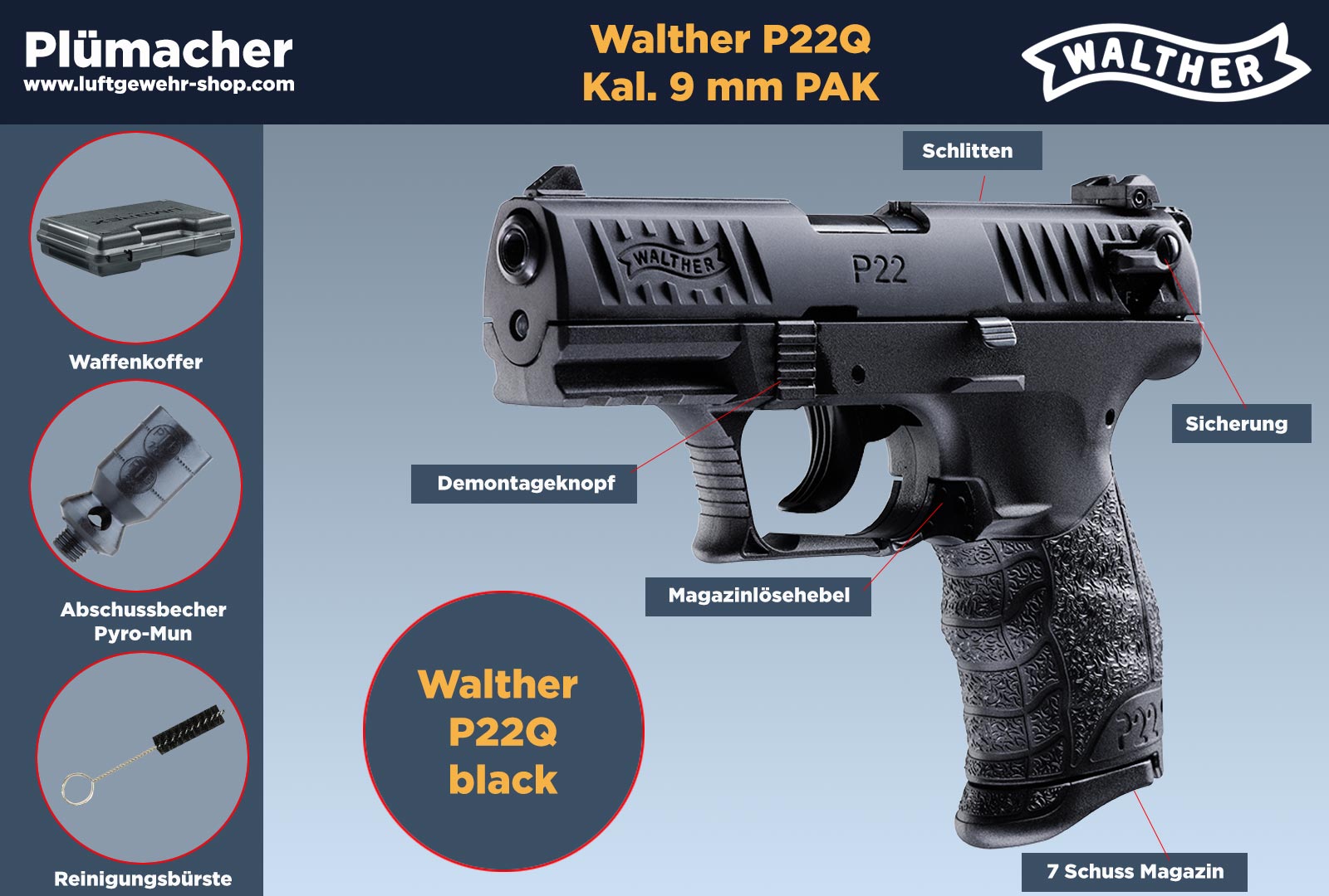Walther P22Q Schreckschusspistole 9 mm P.A.. Luftgewehr-Shop - Luftgewehre,  Schreckschusswaffen, CO2 Waffen, Luftpistolen kaufen