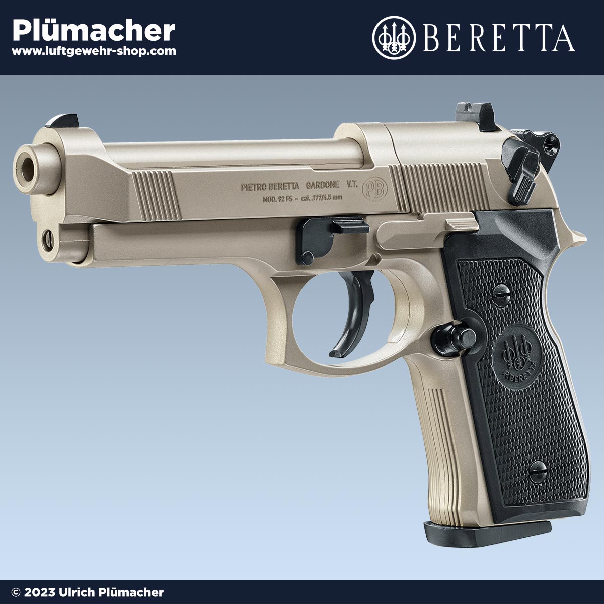Beretta 92 FS CO2 Pistole vernickelt – Vollmetall mit schwarzen Griffschalen im Kaliber 4,5 mm