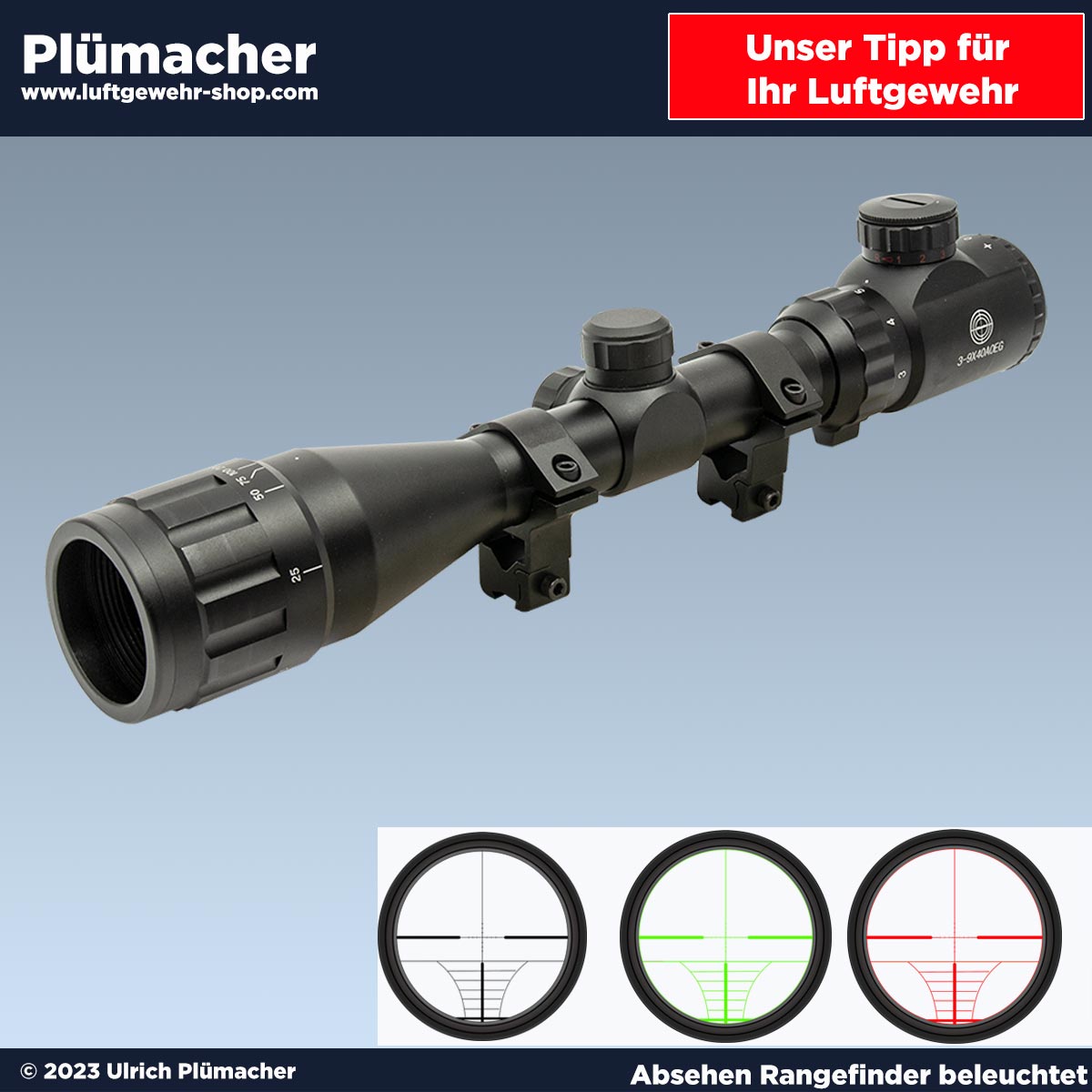 Luftgewehr Zielfernrohr 3-9x32 rot und grün beleuchtetes Absehen in 5 Helligkeitsstufen einstellbar