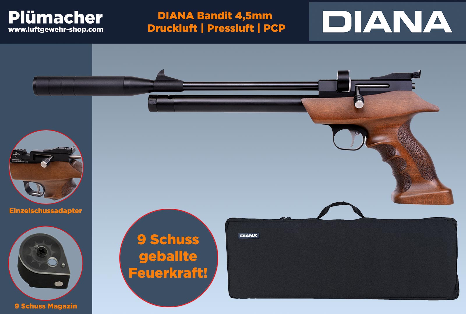 Diana Bandit Pressluftpistole und PCP Pistole. Luftgewehr-Shop -  Luftgewehre, Schreckschusswaffen, CO2 Waffen, Luftpistolen kaufen