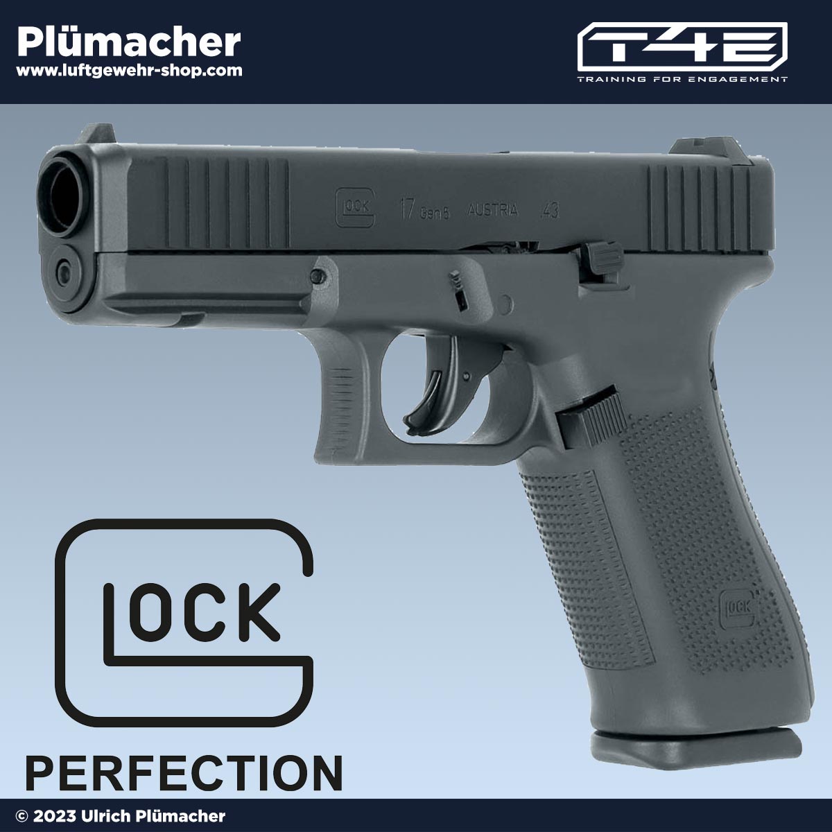 GLOCK T4E Waffen mit GLOCK 17 Gen5 T4E Kaliber .43 inklusive CO₂-Antrieb, Blowback und passendem Zubehör