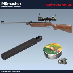 Weihrauch HW 35 mit Zielfernrohr, Schalldämpfer und Munition. Ein Luftgewehr im Kaliber 4,5 mm Diabolo