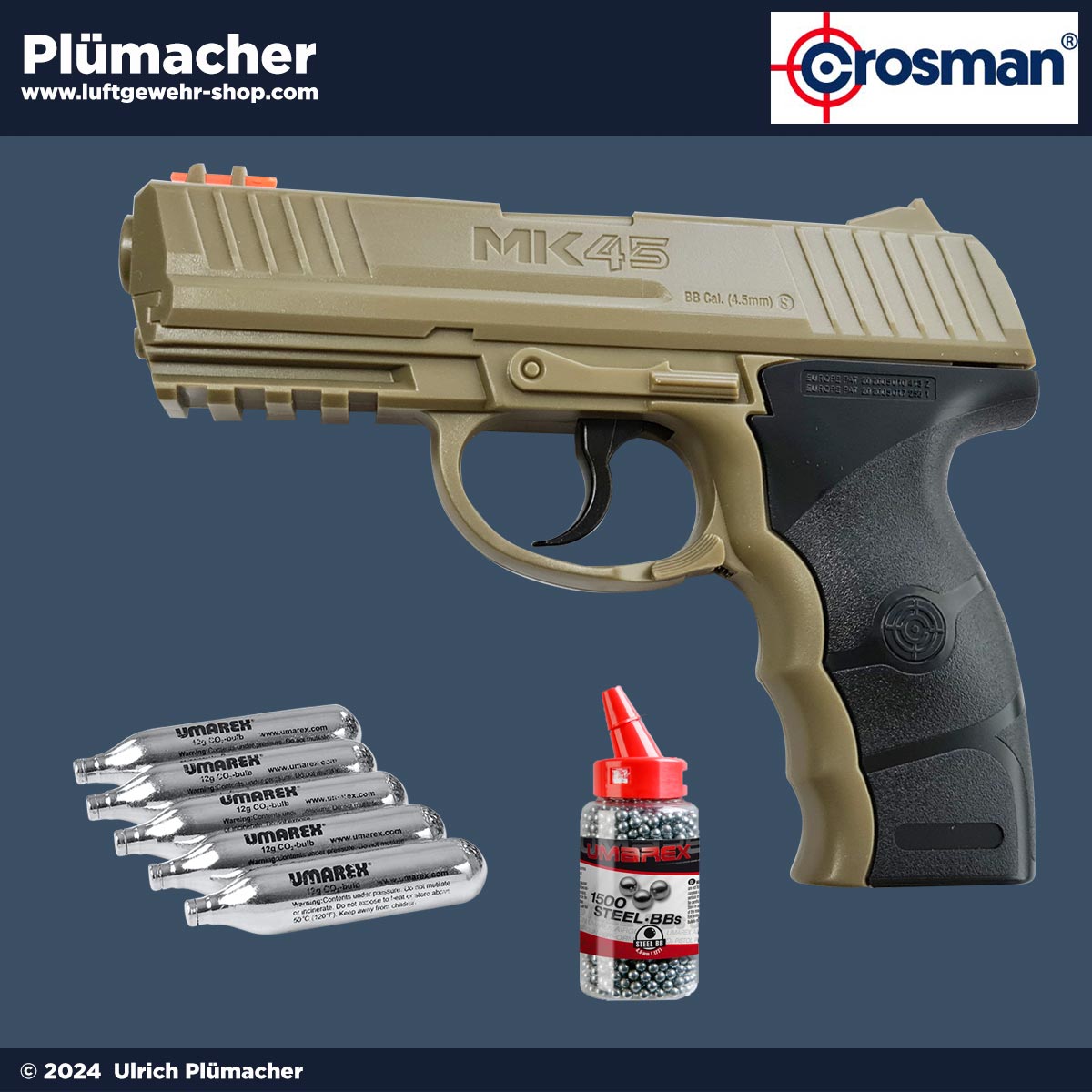 Crosman MK45 CO2 Pistole im Kaliber 4,5 mm BB  inkl. 1500 Steel BB und 5 CO2 Kapseln