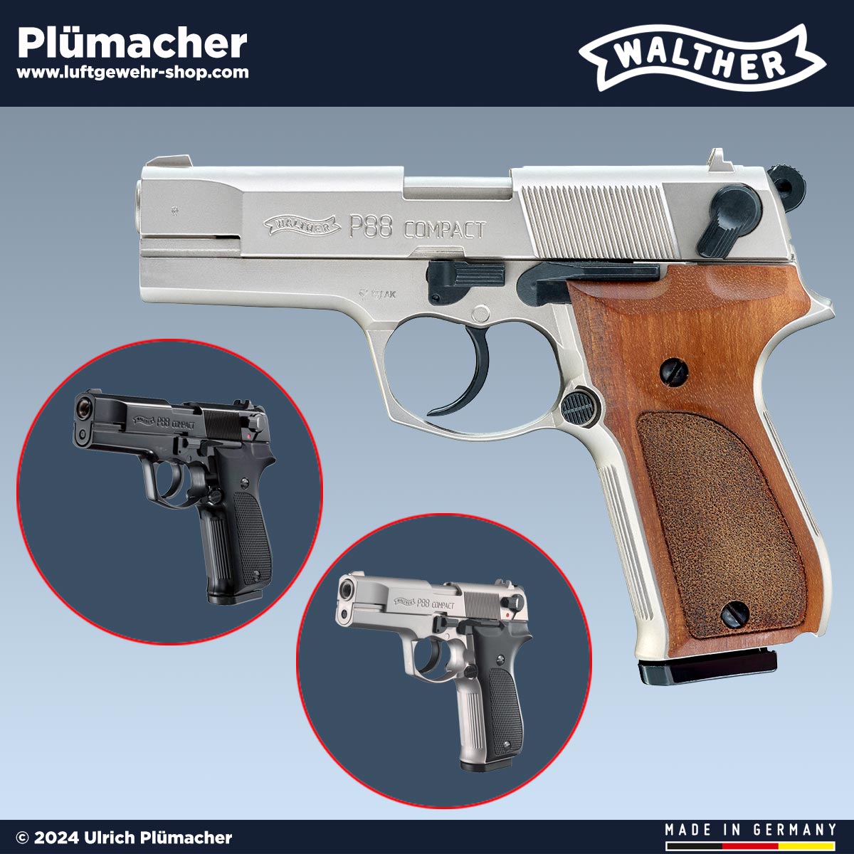 Walther P88 Schreckschusspistolen in schwarz, vernickelt und Nickel mit Holzgriffschalen