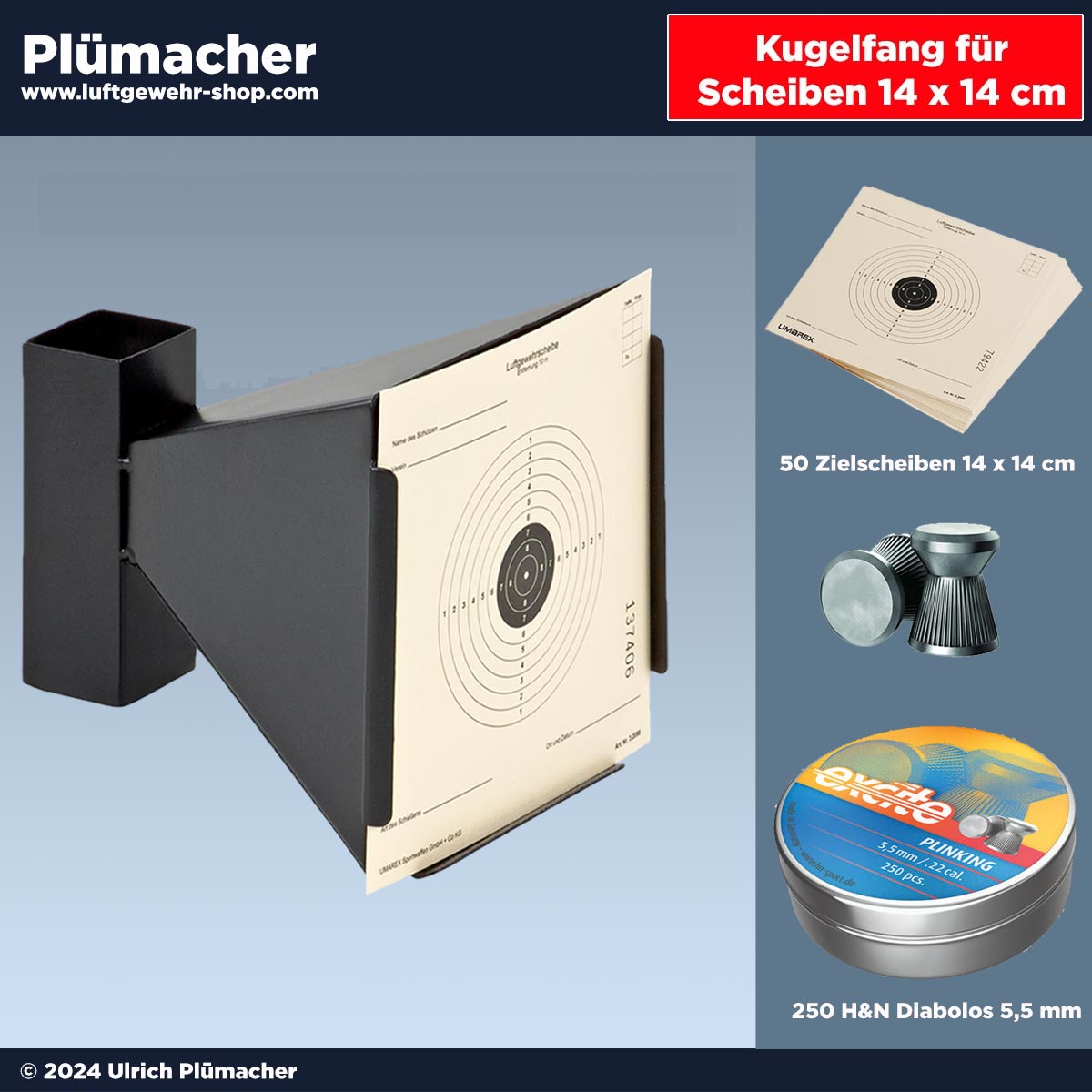 Kugelfang Set für Luftgewehre und Luftpistolen mit 250 Diabolos 5,5 mm und 50 Zielscheiben