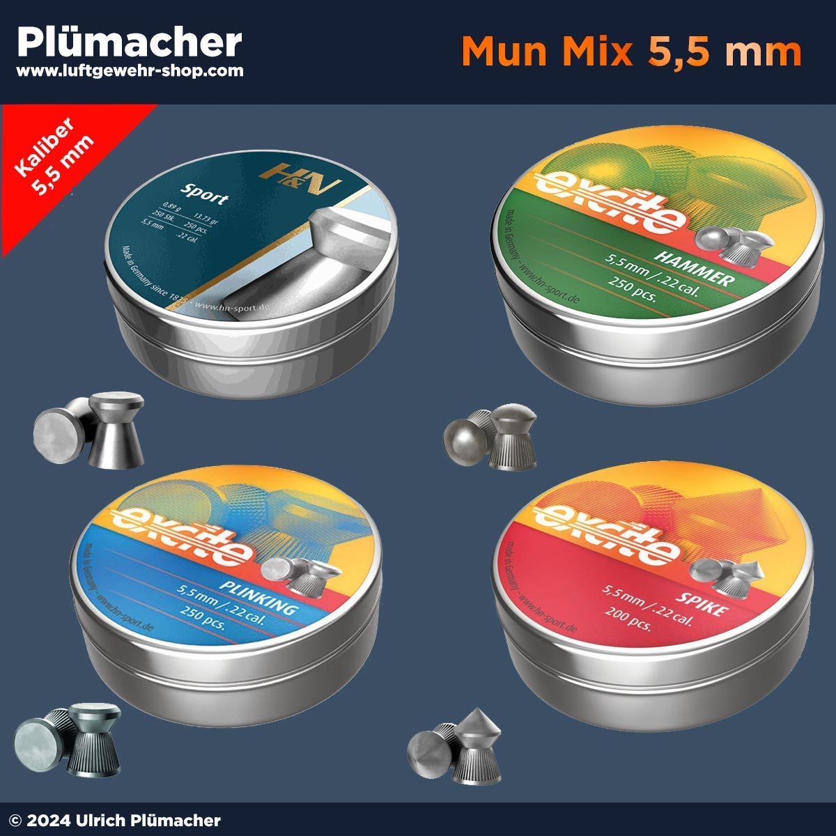 Mun Mix 1 Luftgewehr Munition 5,5 mm - ausgesuchte Spitzkugeln und Diabolos im cal. 22