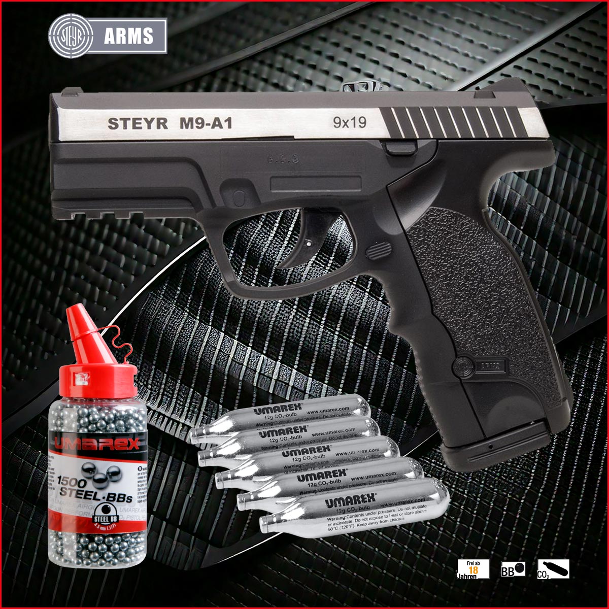 Steyr M9-A1 Dual tone CO2 Pistole Kaliber 4,5 mm BB Ready for Action Set