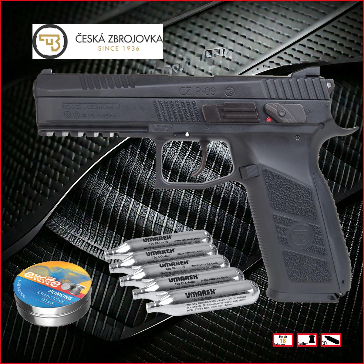 CZ 75 P-09 Duty Schwarz CO2-Pistolen-Set – inkl. 5 CO2-Kapseln & 500 Diabolos
