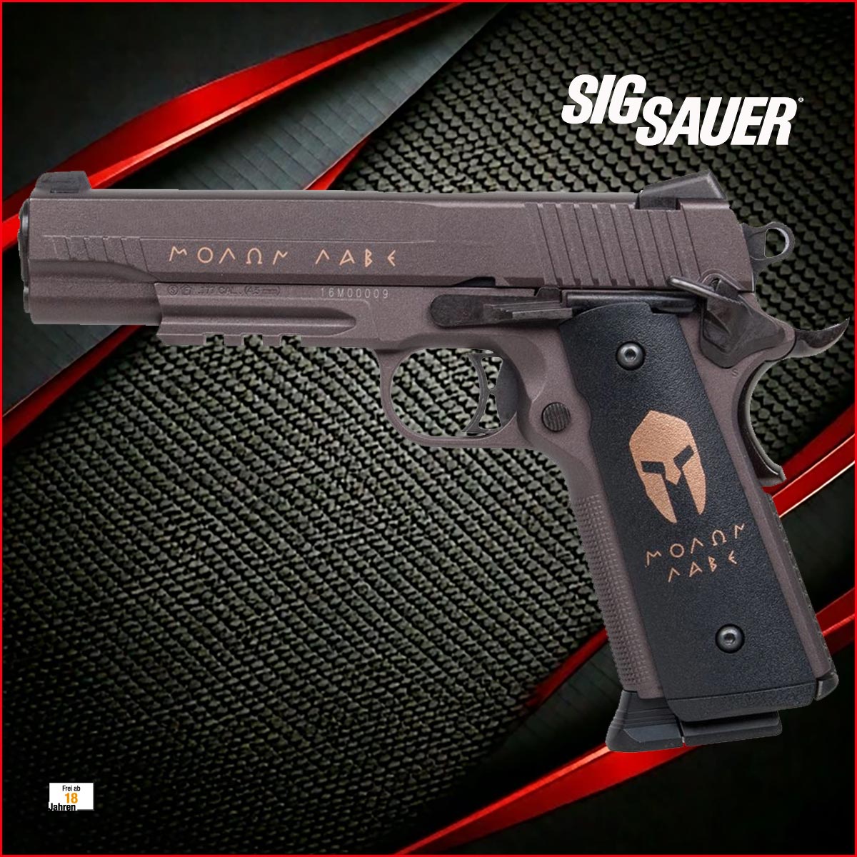 Die Sig Sauer 1911 Spartan Dark Earth in 4,5 mm BB mit starkem BlowBack-System & Spartan-Design.