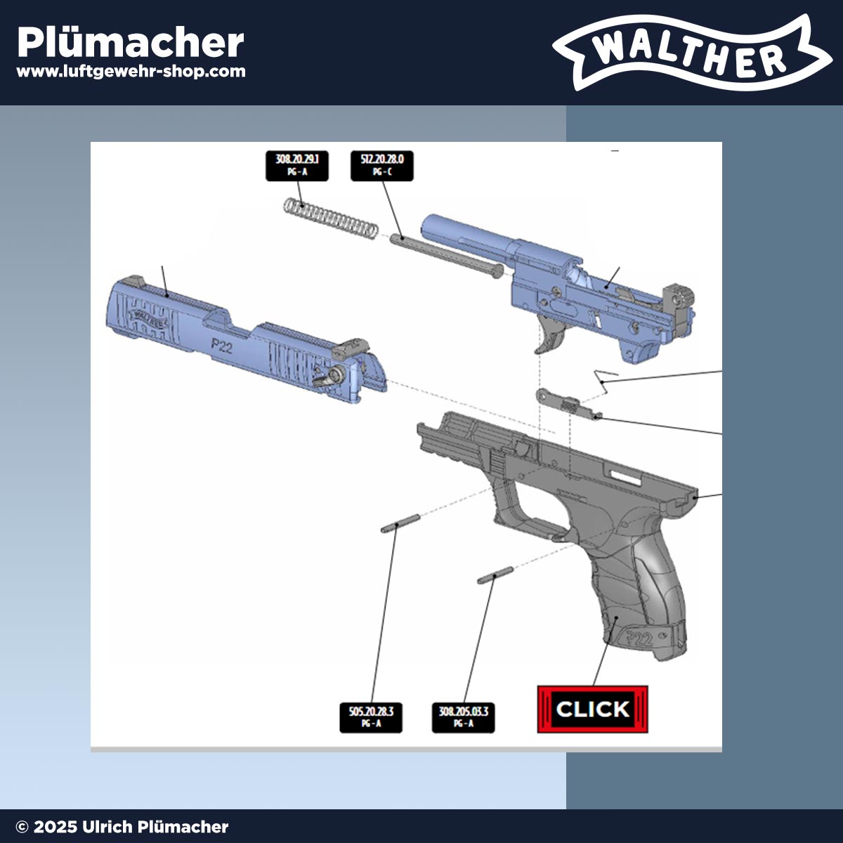 Ersatzteile Walther P22Q Schreckschusspistole - Schlagbolzen, Federn, Auszieher