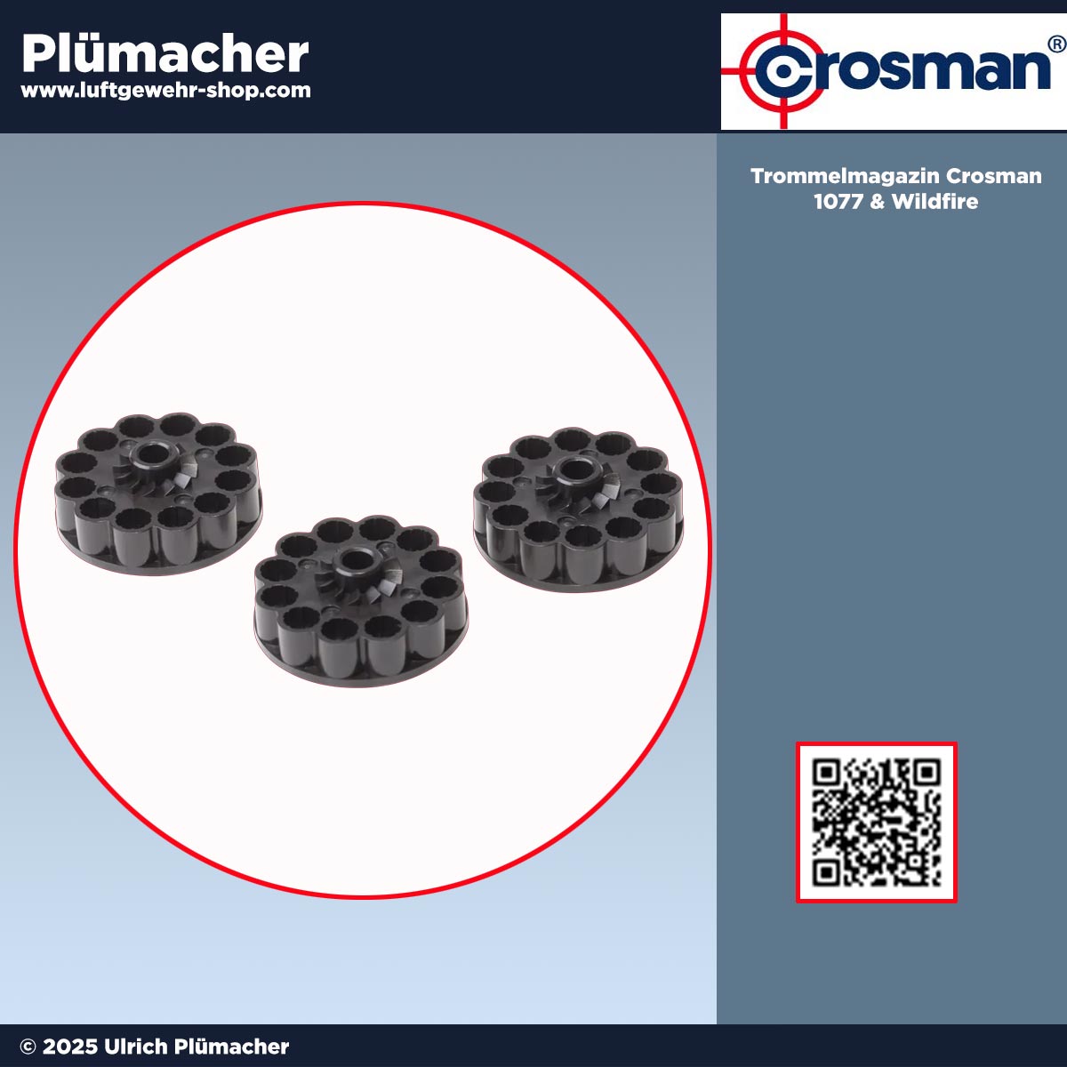 3er-Pack Trommelmagazine für Crosman 1077 & Wildfire Luftgewehre im Kaliber 4,5 mm. Jeweils 12 Schuss