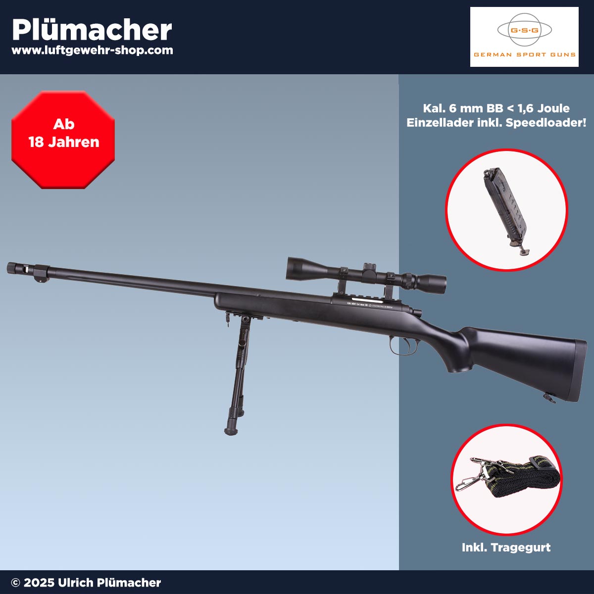 Softairgewehr GSG MB07 Sniper Schwarz 6mm mit Zielfernrohr und Zweibein