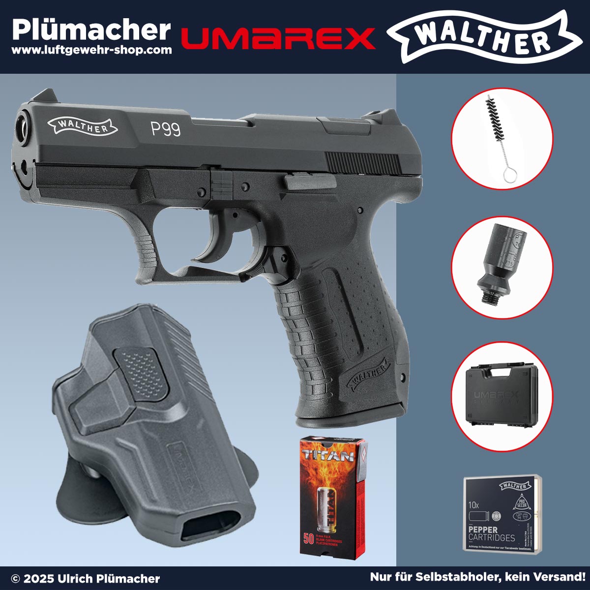 Walther P99 Verteidigungsset mit Munition, einem Holster und weiterem Zubehör