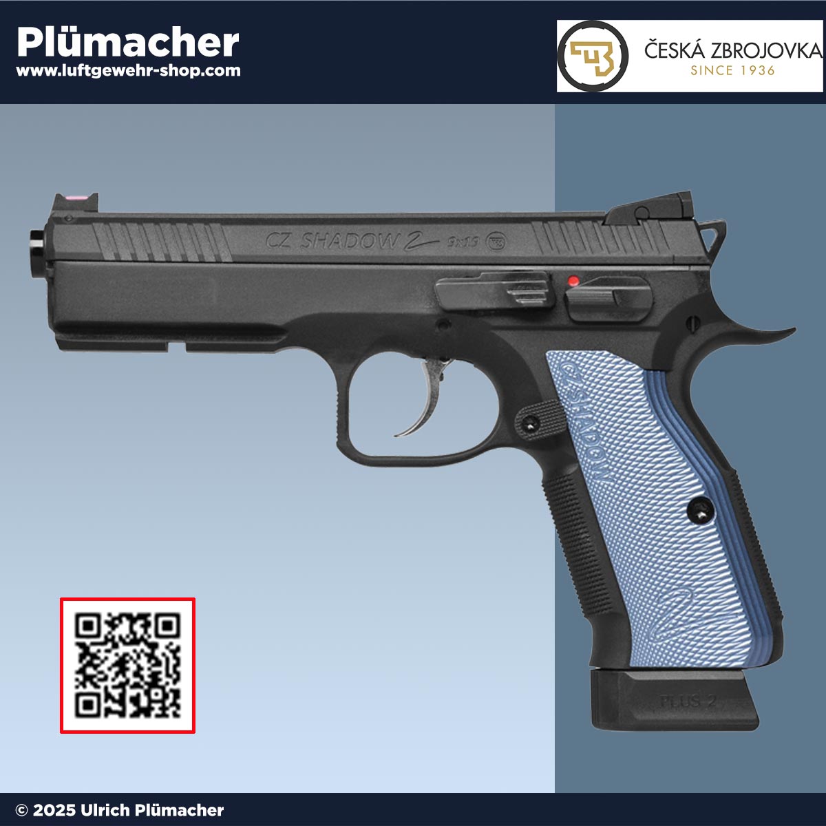 CZ Shadow 2 CO2 Pistole im Kaliber 4,5 mm BB mit einem 17 Schuss Magazin und blauen Griffschalen