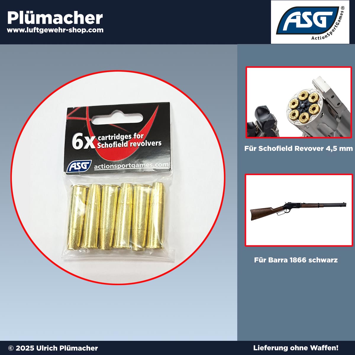 6 Ladehülsen 4,5 mm Diabolo aus Messing für Schofield CO2 Revolver und das Westerngewehr Baar 1866
