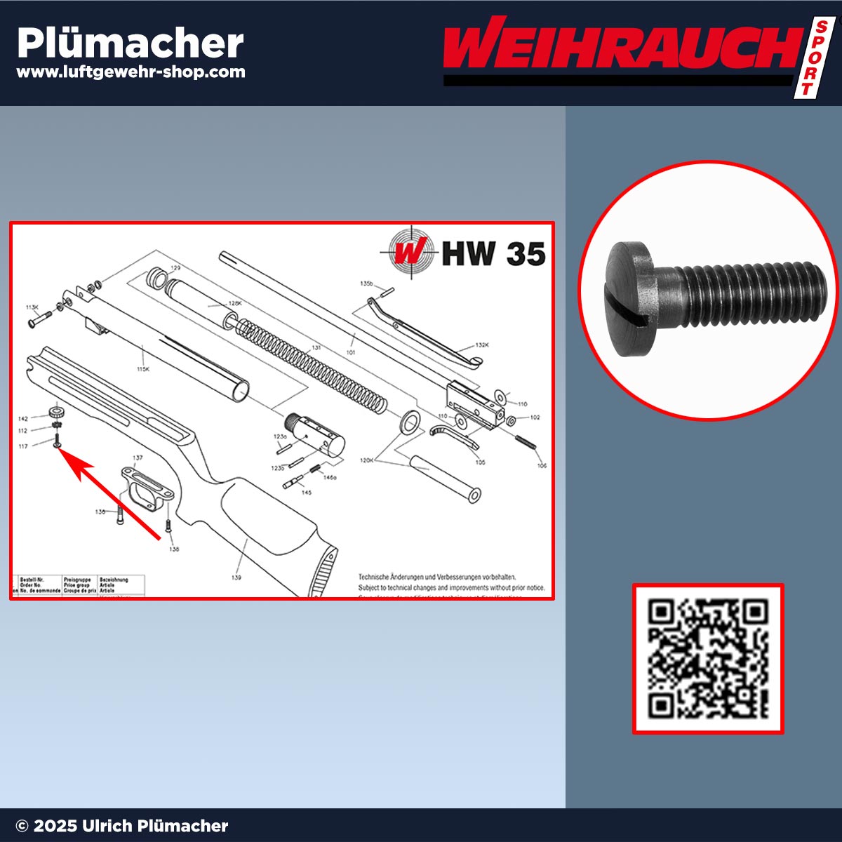 Weihrauch HW 35 Schaftschraube vorne - die Schafthalteschraube vorne für die Reparatur Ihres HW35 Luftgewehrs