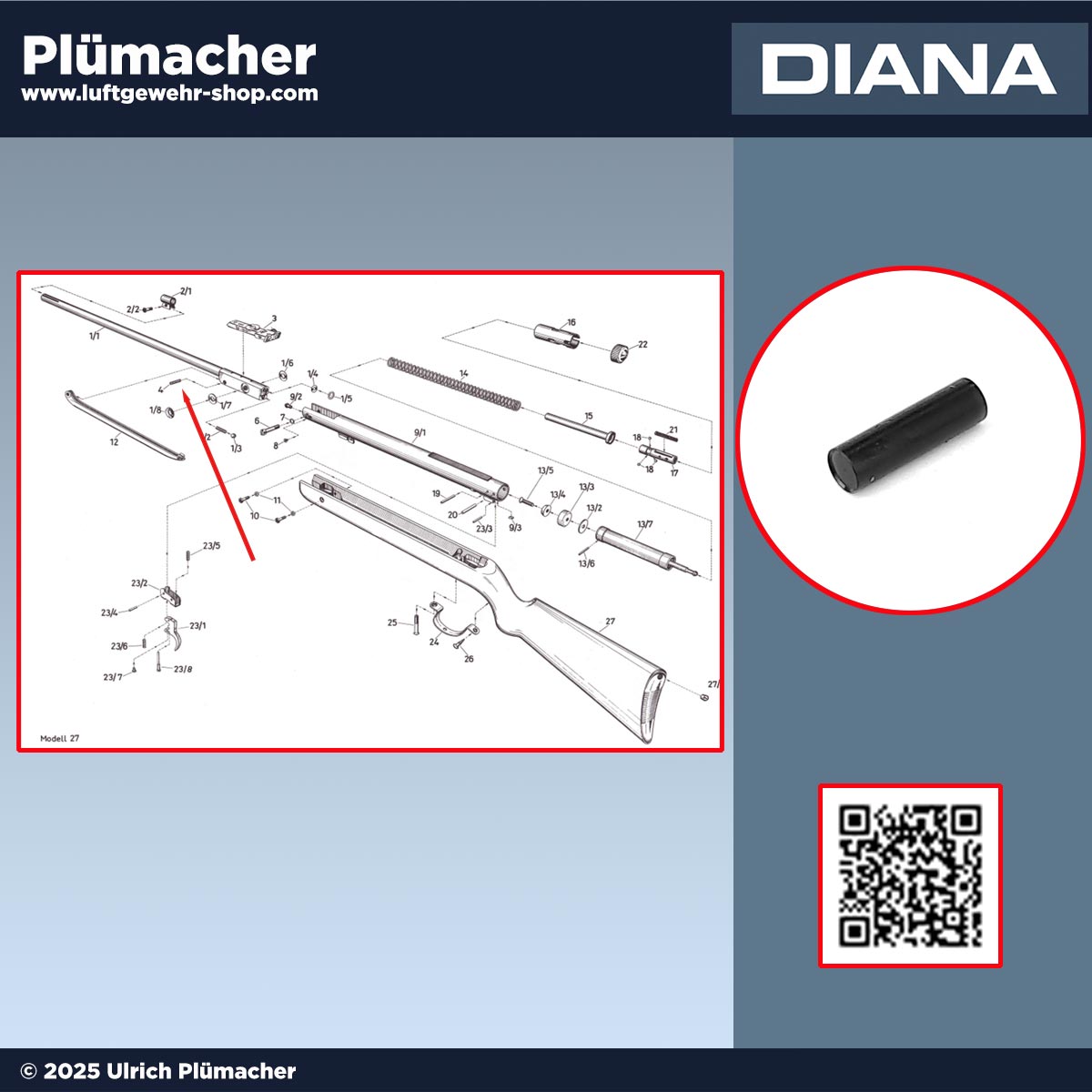 Nietstift für den Spannhebel der Diana Luftgewehre 25, 25D, 25DS und 27. Fixiert den Spannhebel am Lauf. 