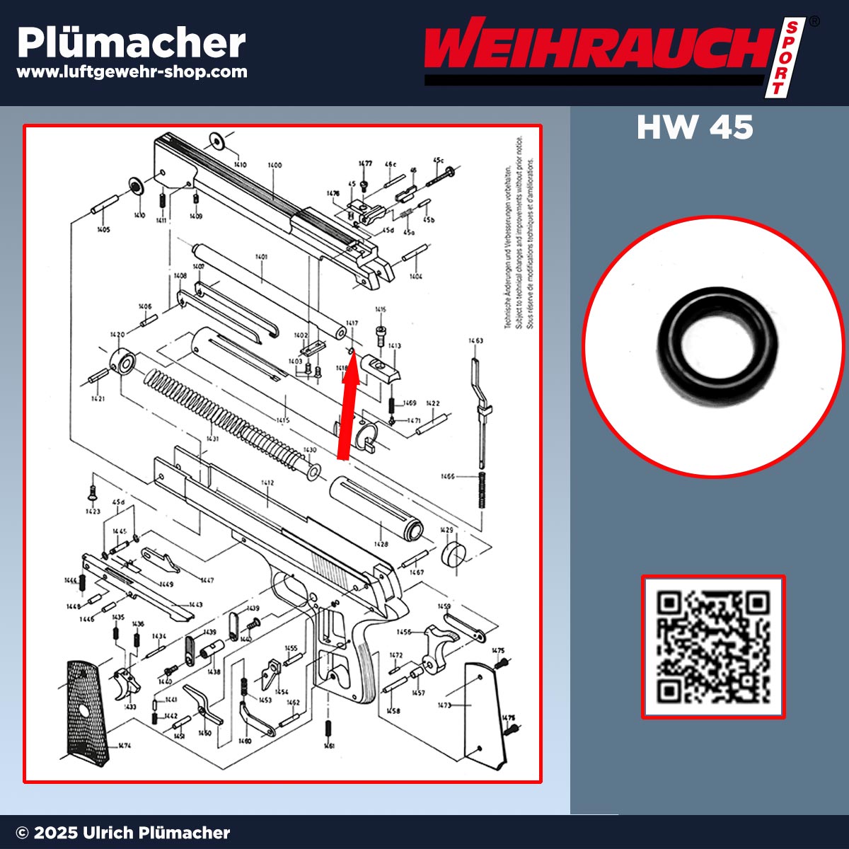 Laufdichtung für Weihrauch HW 45 Luftpistole, Pos. 1417, Abdichtung zwischen Lauf und Zylinder