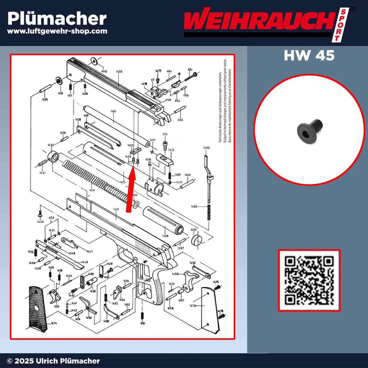 Original Weihrauch Befestigungsschraube für das Klemmblech der HW 45 Luftpistole, passend für alle Modelle, einzeln geliefert
